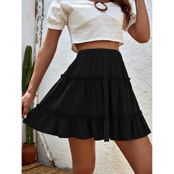 Tiered ruffle mini skirt elastic waist boho black - Picture 1 of 6
